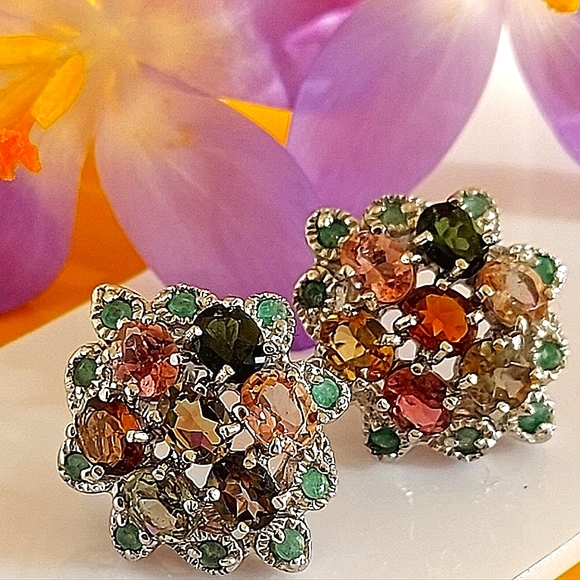 Natural Tourmaline, Emerald 14K White‎ Gold on 925 Sterling Silver Earrings - Picture 7 of 7